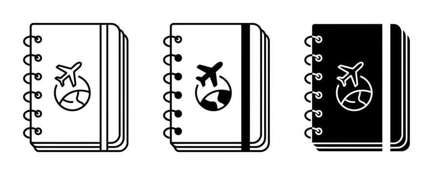 Travel Passport Icons, Global Journey Notebooks, Airplane World Voyage Logbook Vector Set