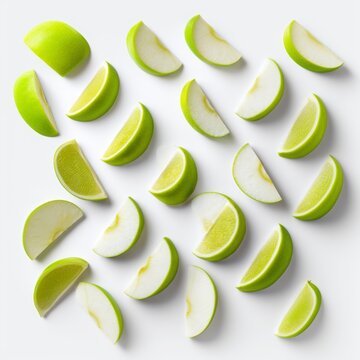 Fresh green apples and lime wedges scattered on a white background, symbolizing health, freshness, and vibrant natural ingredients for a balanced diet