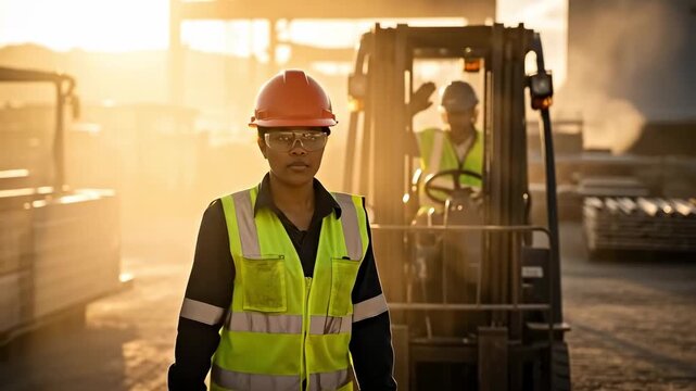 Female Construction Spotter Signaling Forklift Driver at Industrial Site During Golden Hour Sunset