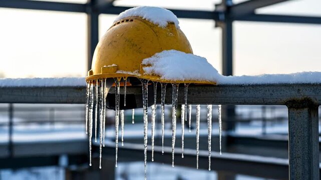 Yellow Construction Hard Hat Covered in Snow and Icicles on Metal Railing at Cold Winter Building Site