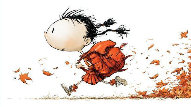 A tiny girl runs excitedly to school with a big backpack on her back. Her pigtails fly as autumn leaves swirl around in the air.