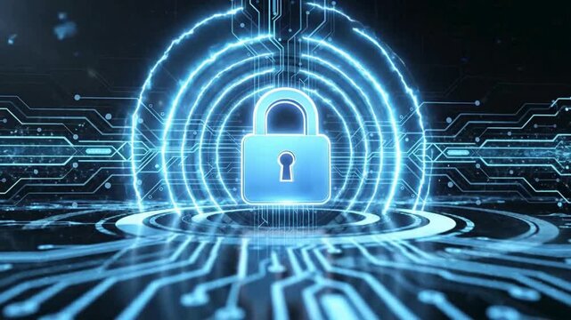 Cyber security lock animation for digital data protection, futuristic encryption network background video, glowing firewall system and secure technology concept