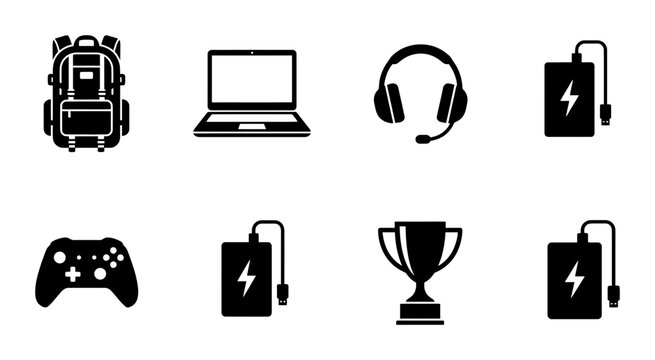Gaming Gear Icons: Backpack, Laptop, Headphones, Power Banks, Controller, Trophy Set
