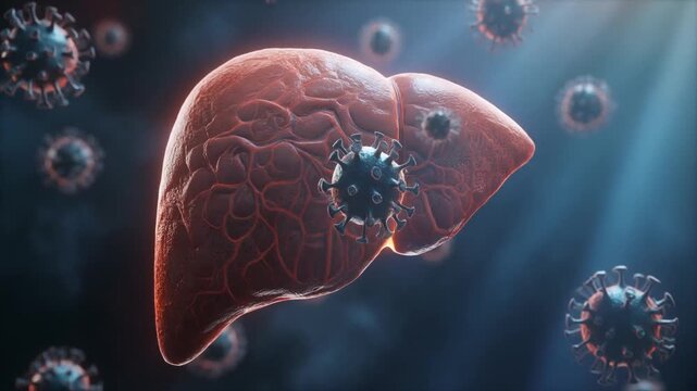 3D medical illustration of a human liver infected by virus cells