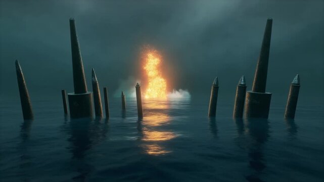 Naval mine defenses in dark ocean during a distant explosion
