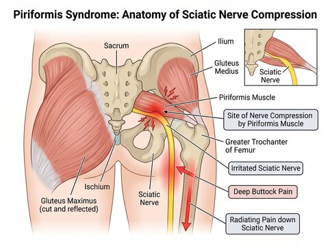 Piriformis Syndrome Anatomy of Sciatic Nerve Compression in Human Pelvis Showing Deep Buttock Pain and Radiating Sciatica Medical Illustration