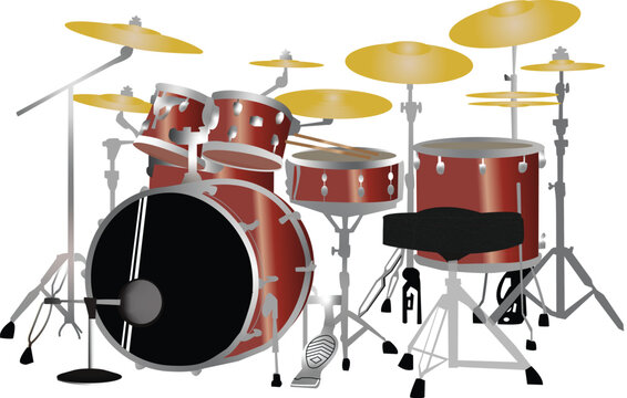 Detailed red drum kit musical instrument vector illustration