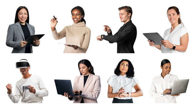 PNG Diverse professionals using technology on transparent background