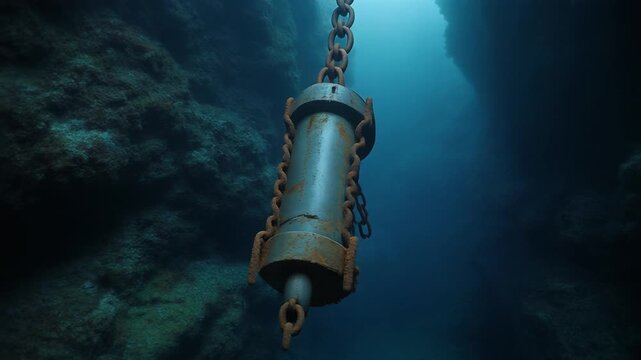 Rusty naval mine floating in deep underwater canyon