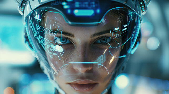 Close up portrait of a futuristic female astronaut looking at the camera, wearing a high-tech helmet with a glowing holographic HUD interface and data screens on the glass visor in a spaceship.