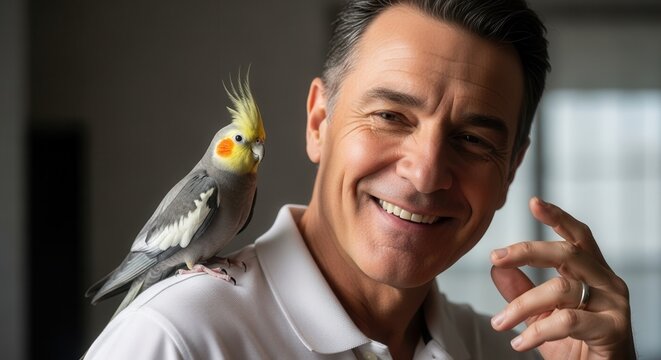 Man Smiling with Cockatiel on Shoulder