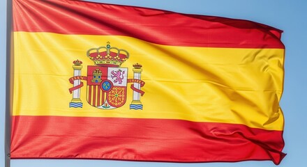 Obraz premium Spanish flag waving against a clear blue sky