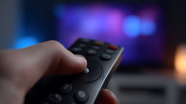 Close-up of a hand hold remote control for smart television entertainment, select content, or change channels in a living room, cozy evening