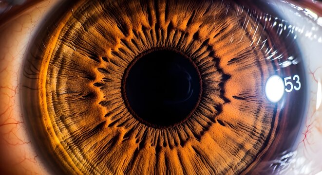 Close-up macro view of human iris with golden brown texture and detailed patterns in eye