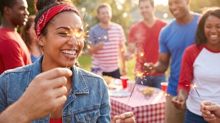 Fototapeta premium Diverse Group of Young Adults Celebrating with Sparklers at an Outdoor Summer Party Concept