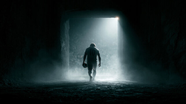 Athlete emerges from darkness abandoned arena dramatic scene mysterious atmosphere low angle perseverance theme