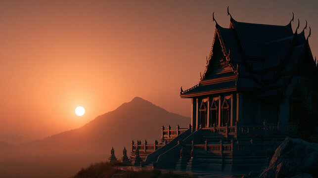 Sunset serenity at ancient temple mountain landscape digital art tranquil environment elevated viewpoint