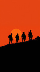 Fototapeta premium Soldiers silhouetted against a sunset battlefield digital art dramatic sky inspirational concept