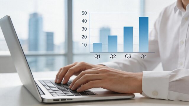 Person typing on laptop with bar chart