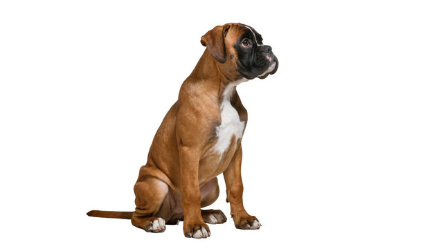 Isolated fawn boxer puppy sitting sideways, attentively looking right, sweet pet portrait