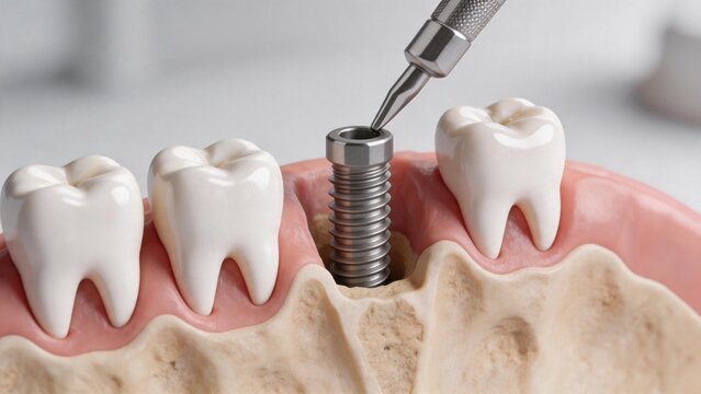 Dental implant procedure on jaw model