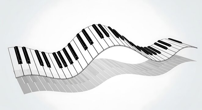 Curved Piano Keyboard Ribbon Flowing Through Air