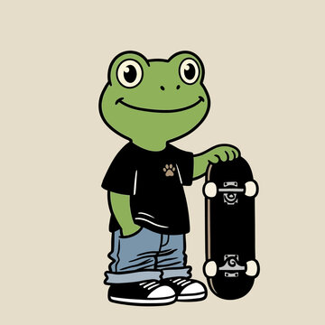 Green frog wearing black tshirt skateboard.