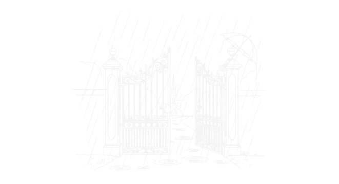 Elegant wrought iron gates sketch, open to a path, architectural drawing, white background