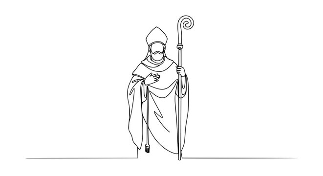 Bishop with Crozier, Continuous Line Art Drawing, Religious Figure