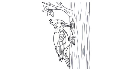 Woodpecker Pecking Tree Trunk - Line Art Illustration © Bunga