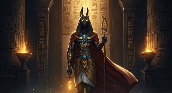 Dark Anubis Like Figure in Ancient Temple