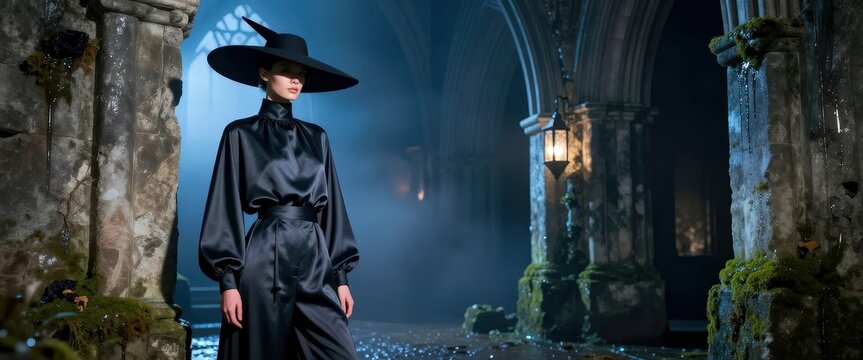 Woman in wide-brimmed hat and black satin outfit stands in misty gothic architecture with lanterns. Use: fashion editorial, gothic decor, fantasy f...