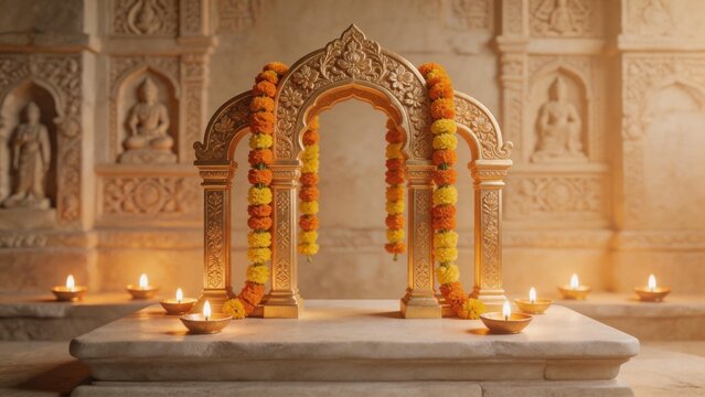 Golden altar with floral garlands and candles