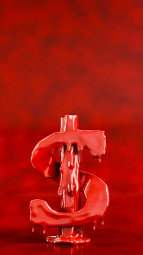 Vertical 3D render of a dollar sign made of dripping blood on red background with copyspace for text