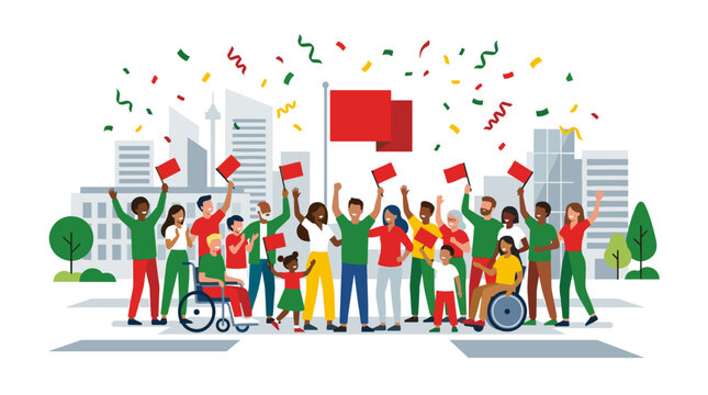 Diverse group celebrating with flags and confetti in a city