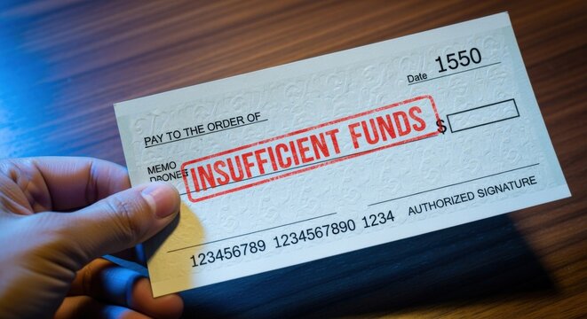 Close-up of Hand Holding Bank Check Stamped with Red Insufficient Funds Notice