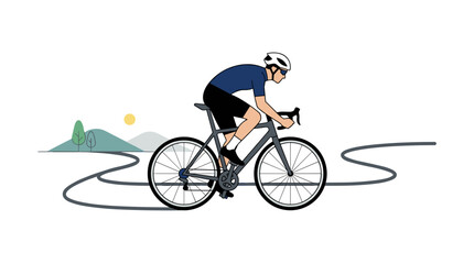 Fototapeta premium Cyclist on a road with minimalist landscape