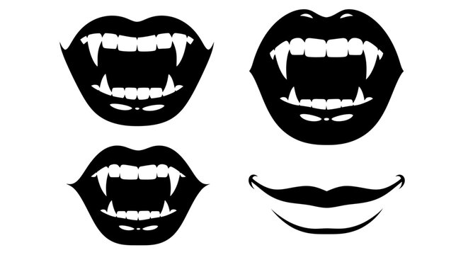 Vampire Mouths with Sharp Fangs and Smiling Lips Silhouette Set
