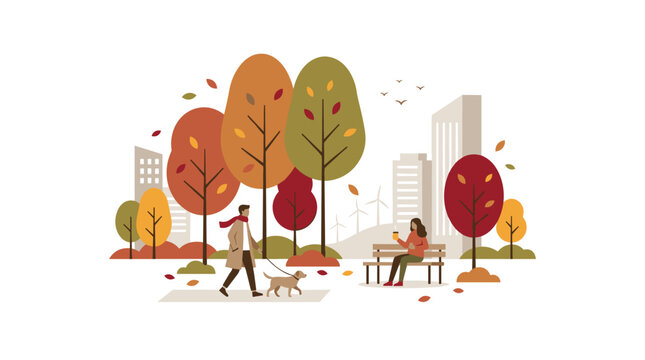 Autumn park scene with people and trees