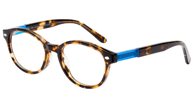 Isolated stylish tortoiseshell eyeglasses with vibrant blue accents, modern optical frame design