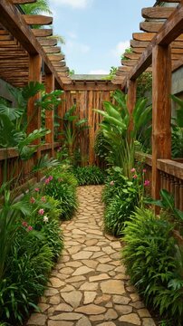 Tropical Garden Stone Path with Wooden Pergola Surrounded by Lush Greenery and Pink Flowers in Luxury Resort