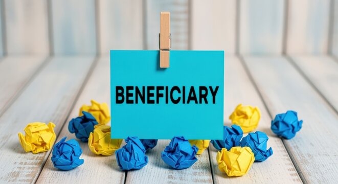 Beneficiary Concept Sign with Crumpled Paper Balls on Wooden Background for Financial and Legal Topics
