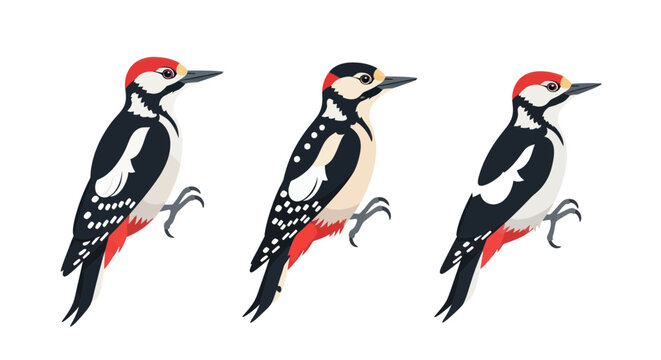 Three Great Spotted Woodpeckers Perched Side-by-Side on White Background