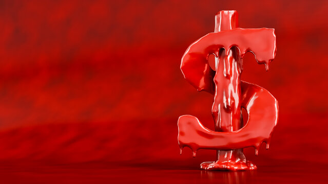 3D render of a glossy dollar sign melting and dripping blood on a red conceptual background