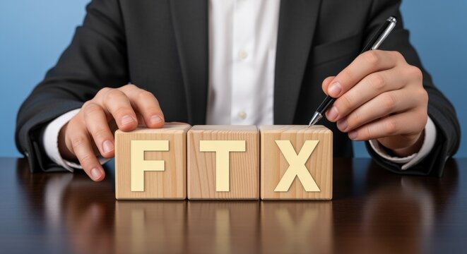 Businessman arranging wooden blocks with letters spelling FTX on a table