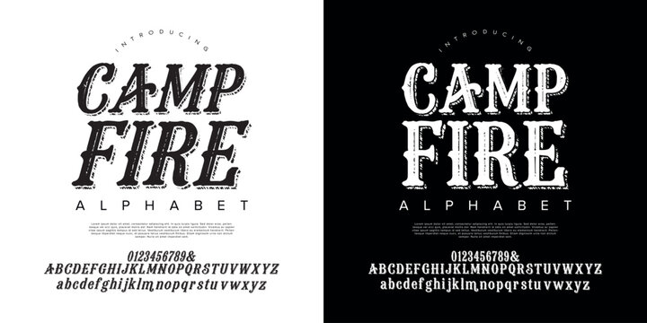 Camp Fire Alphabet Font Hand Drawn Wood Texture Adventure Outdoor Typography Vector