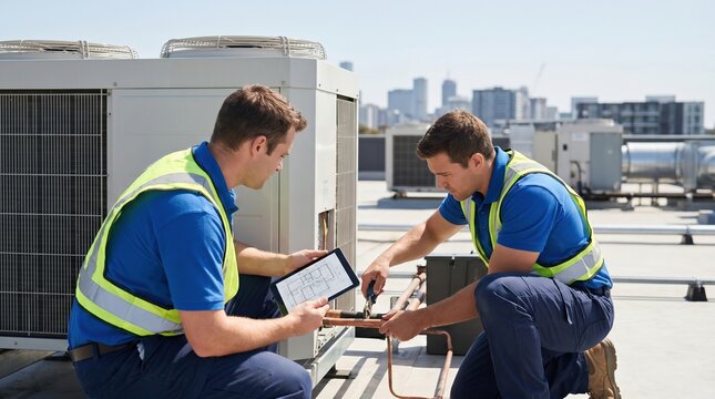 Two Caucasian Male HVAC Technicians Repairing Rooftop Air Conditioning Unit Using Digital Tablet Blueprint