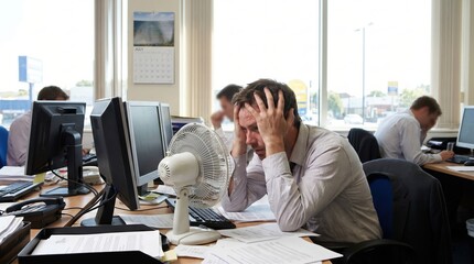 Naklejka premium Stressed middle aged Caucasian man suffering from heat in a hot office environment with a desk fan