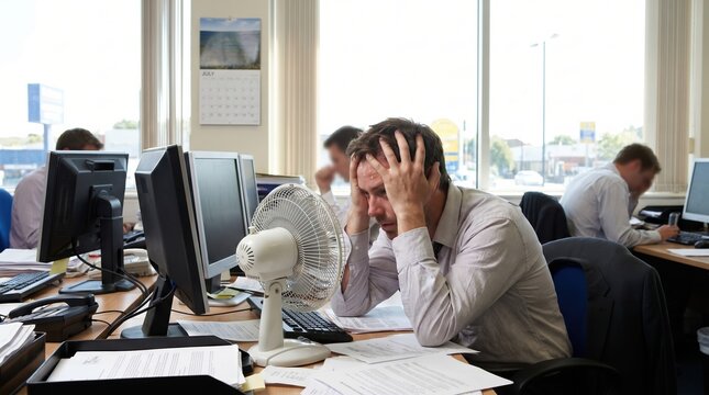 Stressed middle aged Caucasian man suffering from heat in a hot office environment with a desk fan