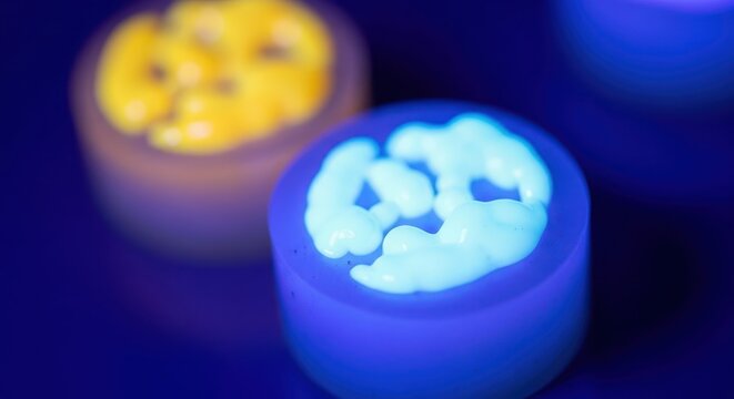 Close-up Macro View of Glowing Fluorescent Organisms Under UV Light, Showcasing Ethereal Organic Textures
